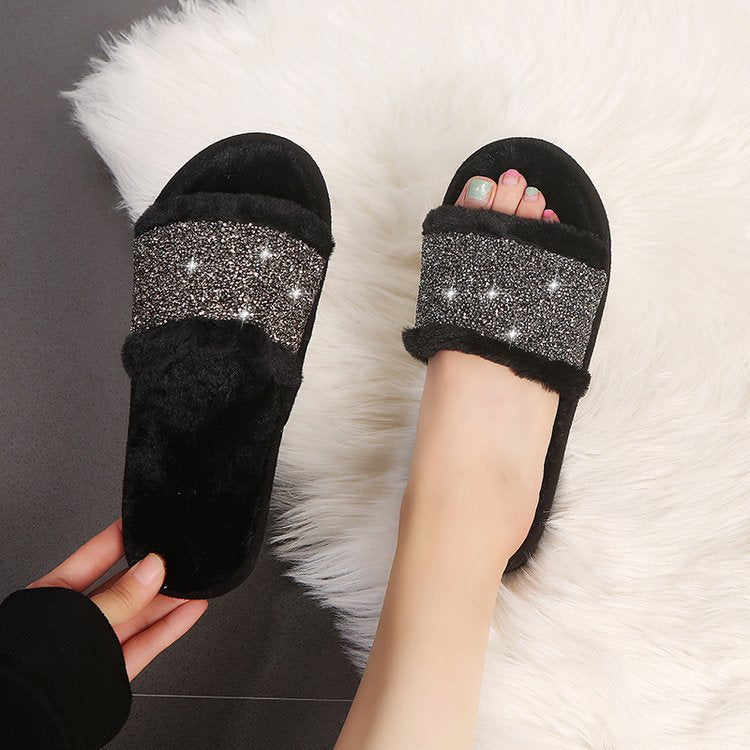 2024 fall/winter new open-toe slippers rhinestone warm women's fuzzy slippers european and american trendy street style cotton slippers wholesale