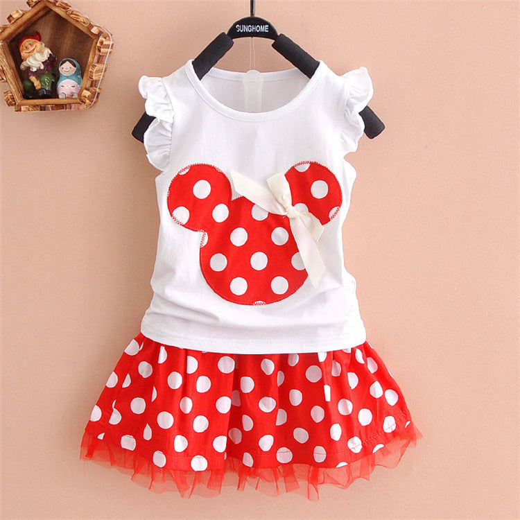 Girls' new mickey mouse head polka dot outfit - available in 5 sizes - dropshipping available - short sleeve t-shirt + skirt 2-piece set