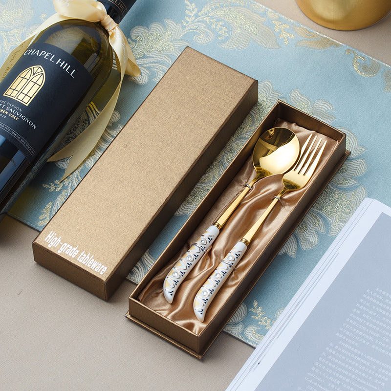 Hepburn style ceramic handle stainless steel tableware steak knife fork spoon tableware suit titanium stainless steel spoon gift