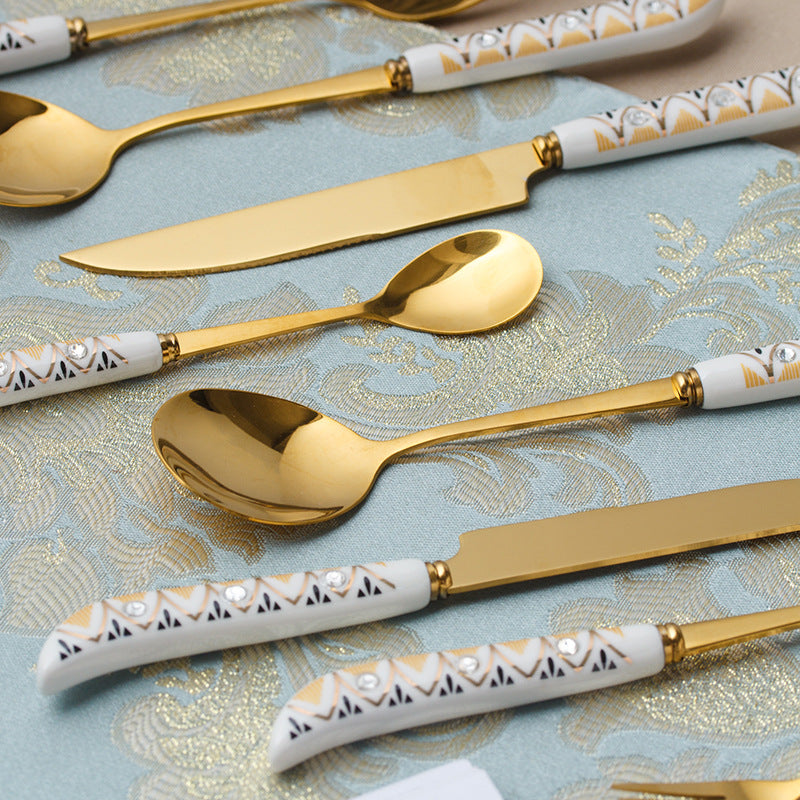 Hepburn style ceramic handle stainless steel tableware steak knife fork spoon tableware suit titanium stainless steel spoon gift