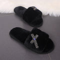 2024 new women's fuzzy slippers for home, autumn and winter indoor flat cotton slippers, fashionable bow rhinestone thong slippers