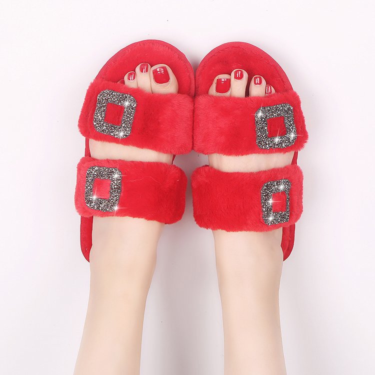 Fall and winternew arrivalflats one-piece slippers outwear style square buckle fur shoes round toe rhinestone rabbit fur slippers one piece dropshipping