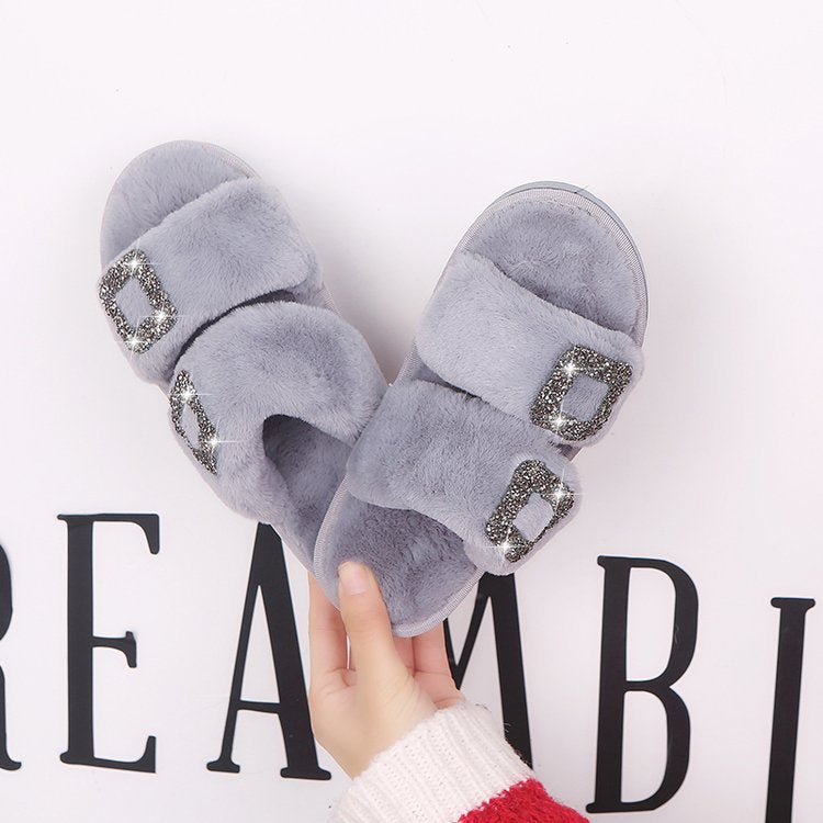 Fall and winternew arrivalflats one-piece slippers outwear style square buckle fur shoes round toe rhinestone rabbit fur slippers one piece dropshipping