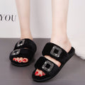 Fall and winternew arrivalflats one-piece slippers outwear style square buckle fur shoes round toe rhinestone rabbit fur slippers one piece dropshipping