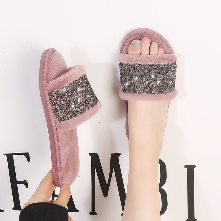 2024 fall/winter new open-toe slippers rhinestone warm women's fuzzy slippers european and american trendy street style cotton slippers wholesale