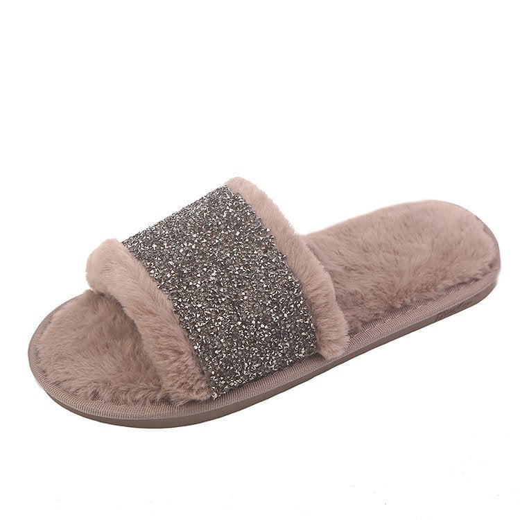 2024 fall/winter new open-toe slippers rhinestone warm women's fuzzy slippers european and american trendy street style cotton slippers wholesale