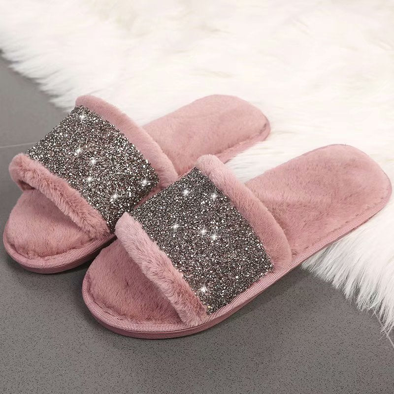 2024 fall/winter new open-toe slippers rhinestone warm women's fuzzy slippers european and american trendy street style cotton slippers wholesale