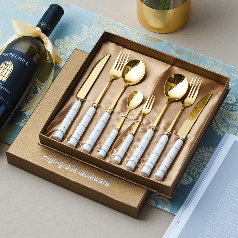 Titanium stainless steel spoon with luxury creative ceramic handle knife, fork, and spoon - european style cutlery set, wholesale gift tableware