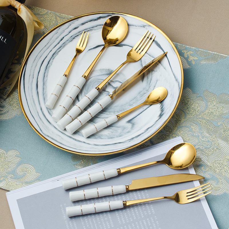 Titanium stainless steel spoon with luxury creative ceramic handle knife, fork, and spoon - european style cutlery set, wholesale gift tableware