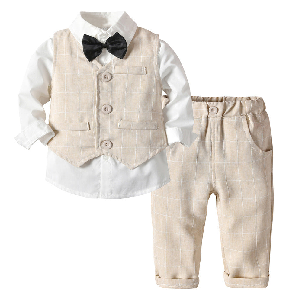 Boys' spring/autumn plaid three-piece set: trendy outfit for baby boys, flower boy style, first birthday celebration, and british-inspired formal wear