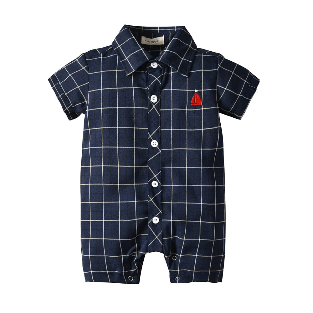 New summer collection: plaid short-sleeve cotton baby romper - two-tone design, perfect for outdoor adventures and easy to match