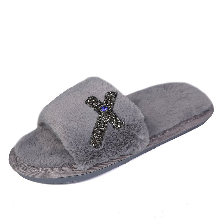 2024 new women's fuzzy slippers for home, autumn and winter indoor flat cotton slippers, fashionable bow rhinestone thong slippers