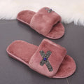2024 new women's fuzzy slippers for home, autumn and winter indoor flat cotton slippers, fashionable bow rhinestone thong slippers