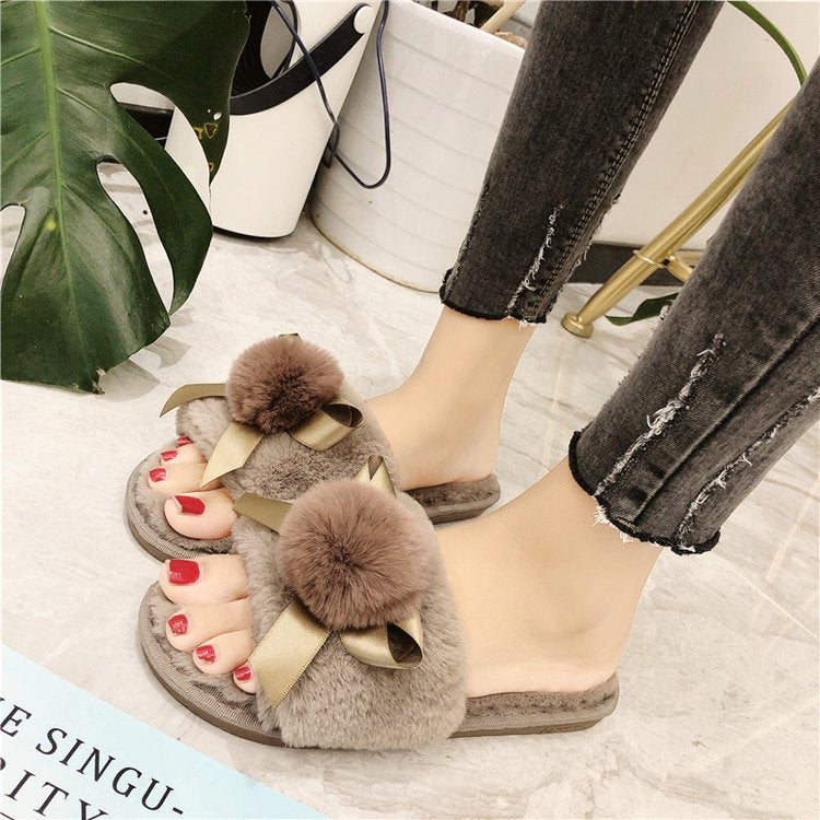 2024 autumn/winter new women's cotton slippers: round toe, open toe, fleece-lined, extra thick, bow accent, real fur pom-pom slippers for women