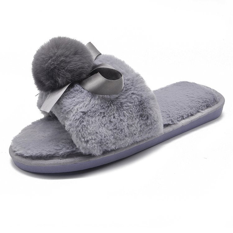 2024 autumn/winter new women's cotton slippers: round toe, open toe, fleece-lined, extra thick, bow accent, real fur pom-pom slippers for women