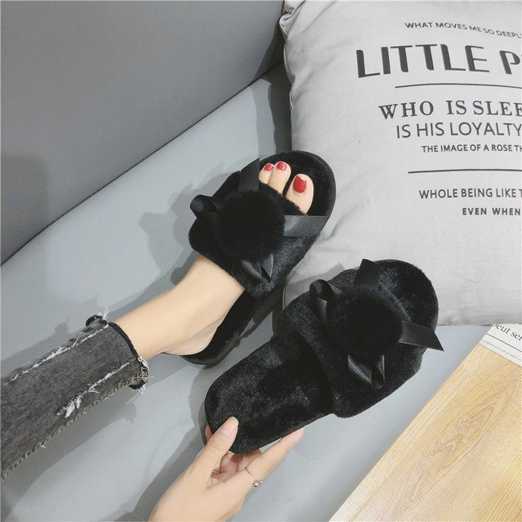 2024 autumn/winter new women's cotton slippers: round toe, open toe, fleece-lined, extra thick, bow accent, real fur pom-pom slippers for women
