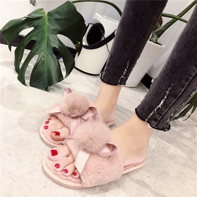 2024 autumn/winter new women's cotton slippers: round toe, open toe, fleece-lined, extra thick, bow accent, real fur pom-pom slippers for women