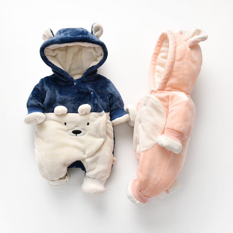 Autumn and winter baby onesie, double-layered and thickened, hooded bear design, baby romper, trendy instagram-style crawler suit, 6-month children's clothing wholesale