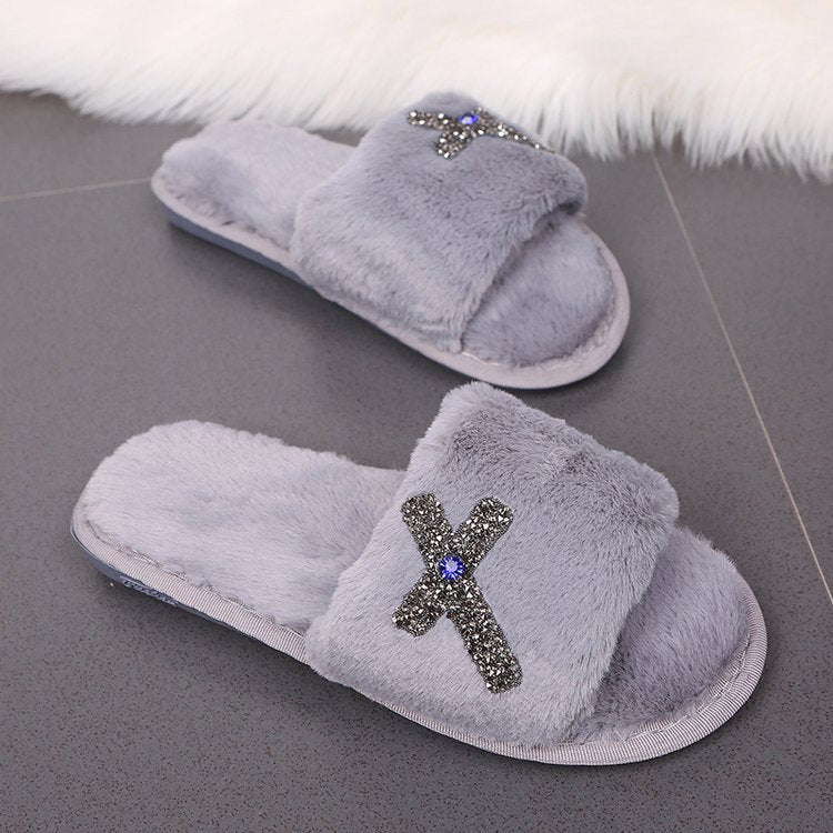 2024 new women's fuzzy slippers for home, autumn and winter indoor flat cotton slippers, fashionable bow rhinestone thong slippers