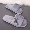 2024 new women's fuzzy slippers for home, autumn and winter indoor flat cotton slippers, fashionable bow rhinestone thong slippers