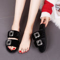 Fall and winternew arrivalflats one-piece slippers outwear style square buckle fur shoes round toe rhinestone rabbit fur slippers one piece dropshipping
