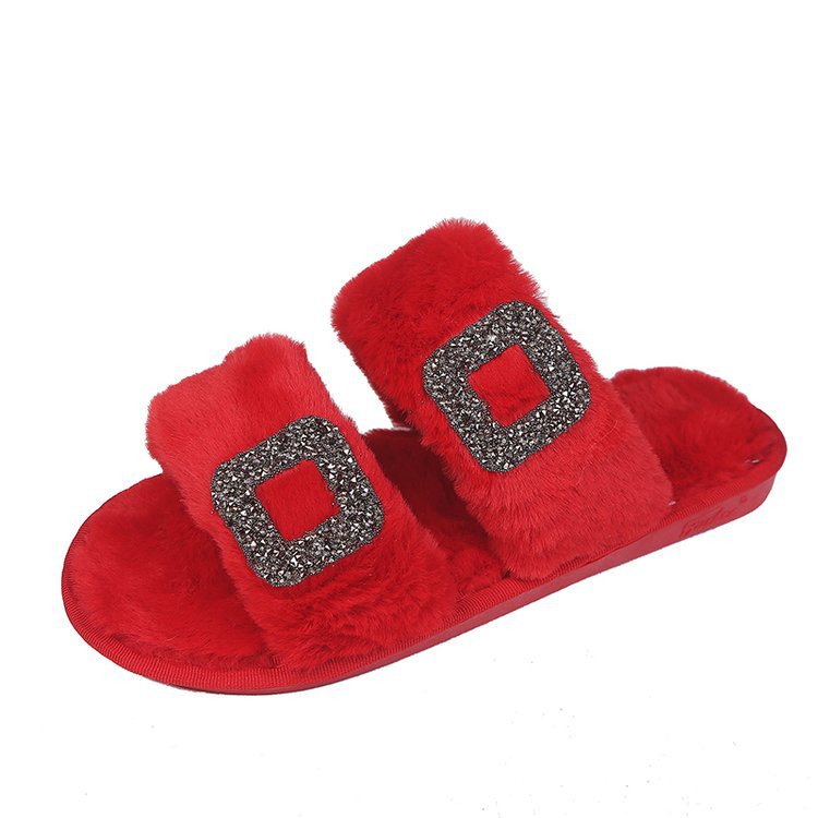 Fall and winternew arrivalflats one-piece slippers outwear style square buckle fur shoes round toe rhinestone rabbit fur slippers one piece dropshipping