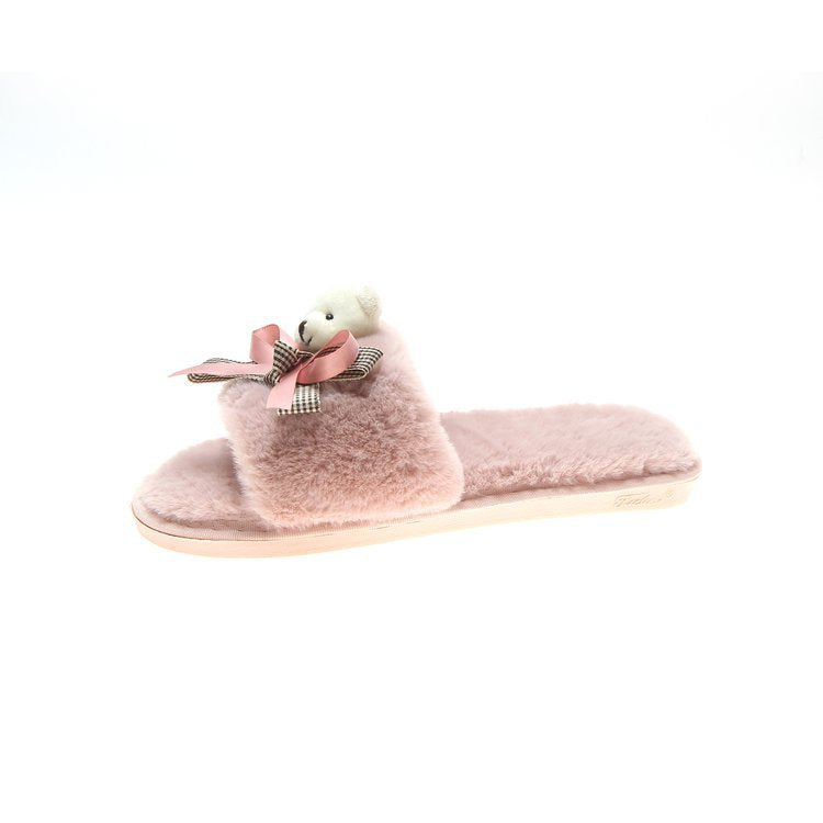 2024 new casual cute cartoon bear bow solid color open-toe flat soft comfortable fuzzy slippers - trendy