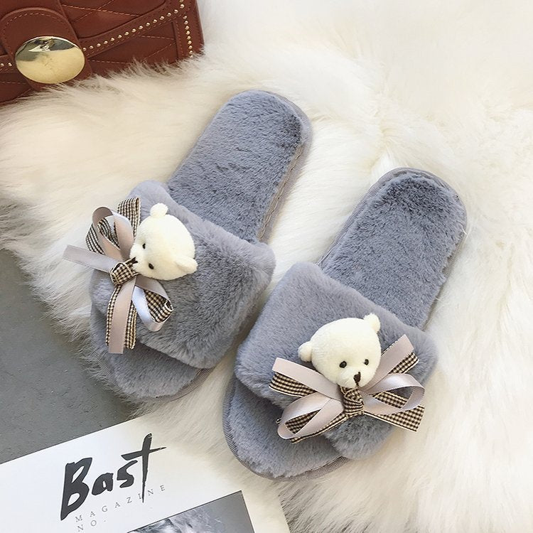 2024 new casual cute cartoon bear bow solid color open-toe flat soft comfortable fuzzy slippers - trendy