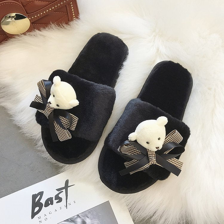 2024 new casual cute cartoon bear bow solid color open-toe flat soft comfortable fuzzy slippers - trendy