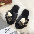 2024 new casual cute cartoon bear bow solid color open-toe flat soft comfortable fuzzy slippers - trendy