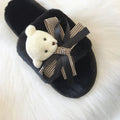 2024 new casual cute cartoon bear bow solid color open-toe flat soft comfortable fuzzy slippers - trendy