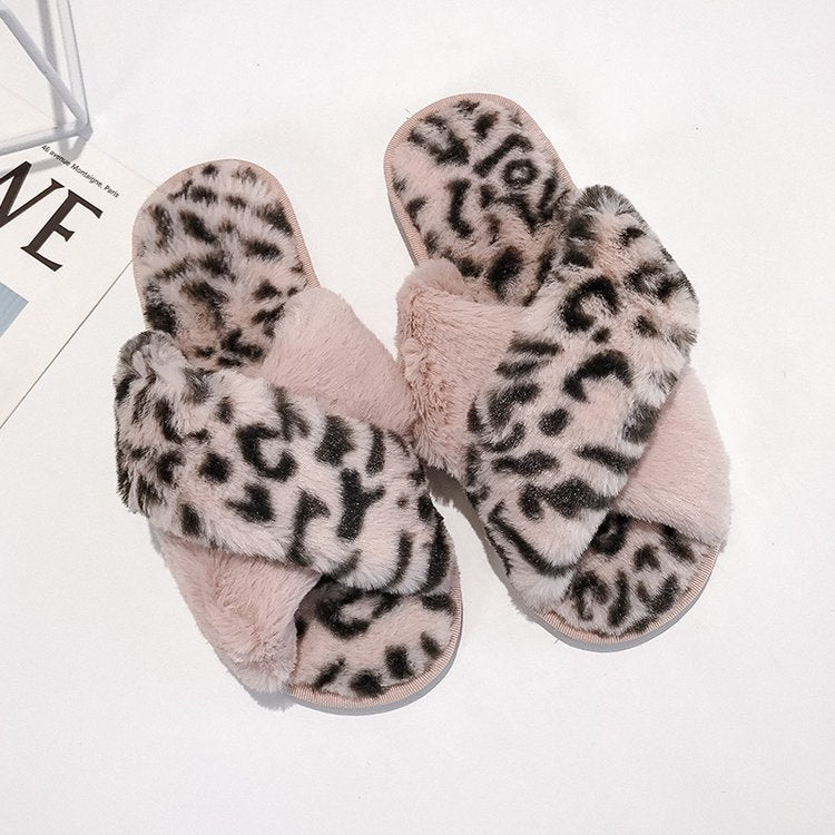 Women's fuzzy slippers - 2024 winter new korean style flat cross strap suede leopard print indoor/outdoor slippers