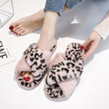 Women's fuzzy slippers - 2024 winter new korean style flat cross strap suede leopard print indoor/outdoor slippers