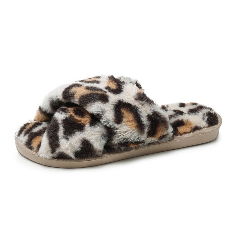 Women's winter fashion cotton slippers - korean style leopard print, perfect for office, home, indoor use, bedroom, and casual wear - fluffy one-strap slides