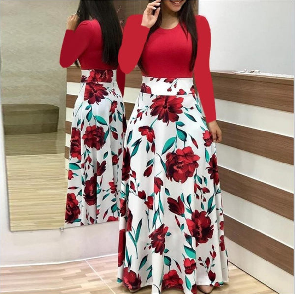 Wish  2018 Autumn Hot Sale Explosive European and American Style Flower Printing Color Matching Dress Long Dress Long Sleeve Women's Clothing