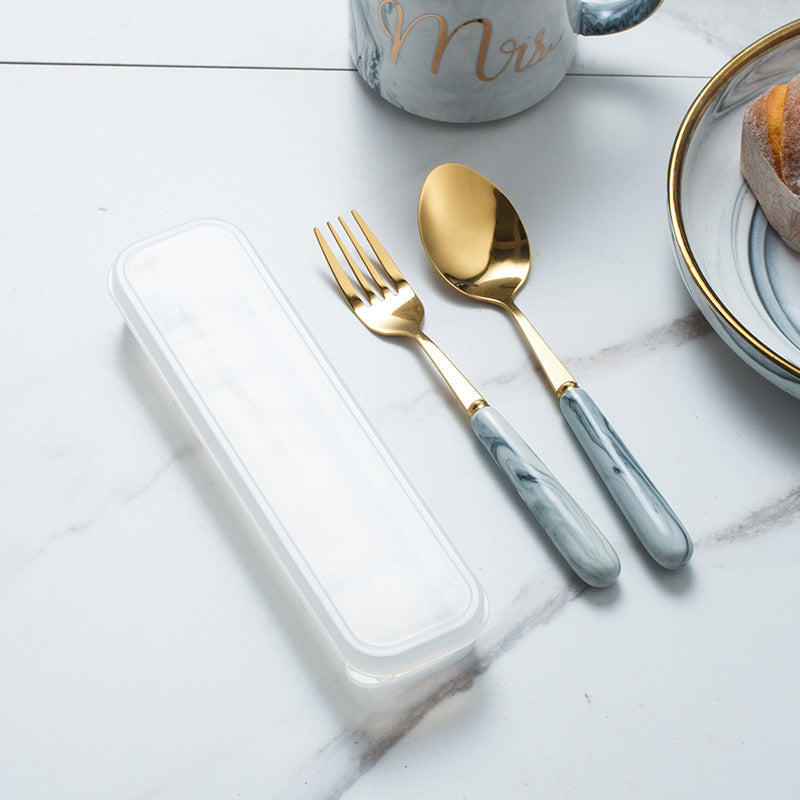 European-style marble pattern cutlery set - stainless steel minimalist titanium gold fork, spoon, chopsticks with portable utensil case - wholesale