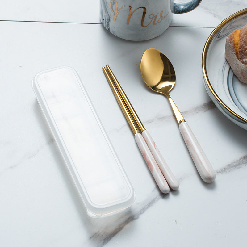European-style marble pattern cutlery set - stainless steel minimalist titanium gold fork, spoon, chopsticks with portable utensil case - wholesale