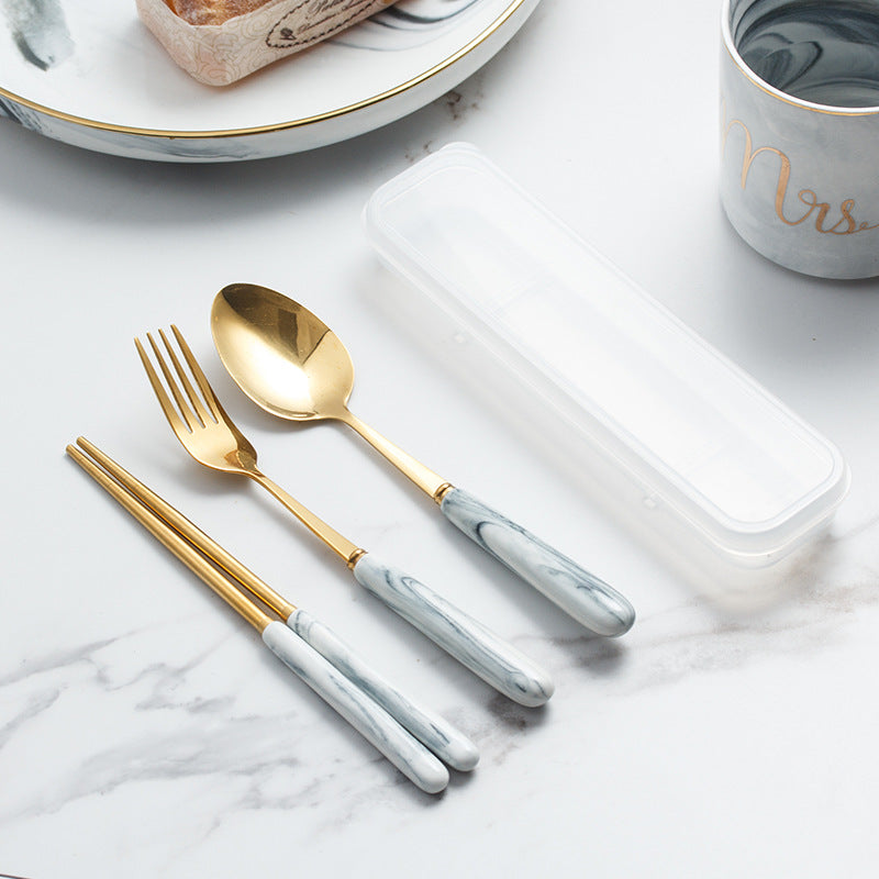 European-style marble pattern cutlery set - stainless steel minimalist titanium gold fork, spoon, chopsticks with portable utensil case - wholesale
