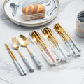 European-style marble pattern cutlery set - stainless steel minimalist titanium gold fork, spoon, chopsticks with portable utensil case - wholesale