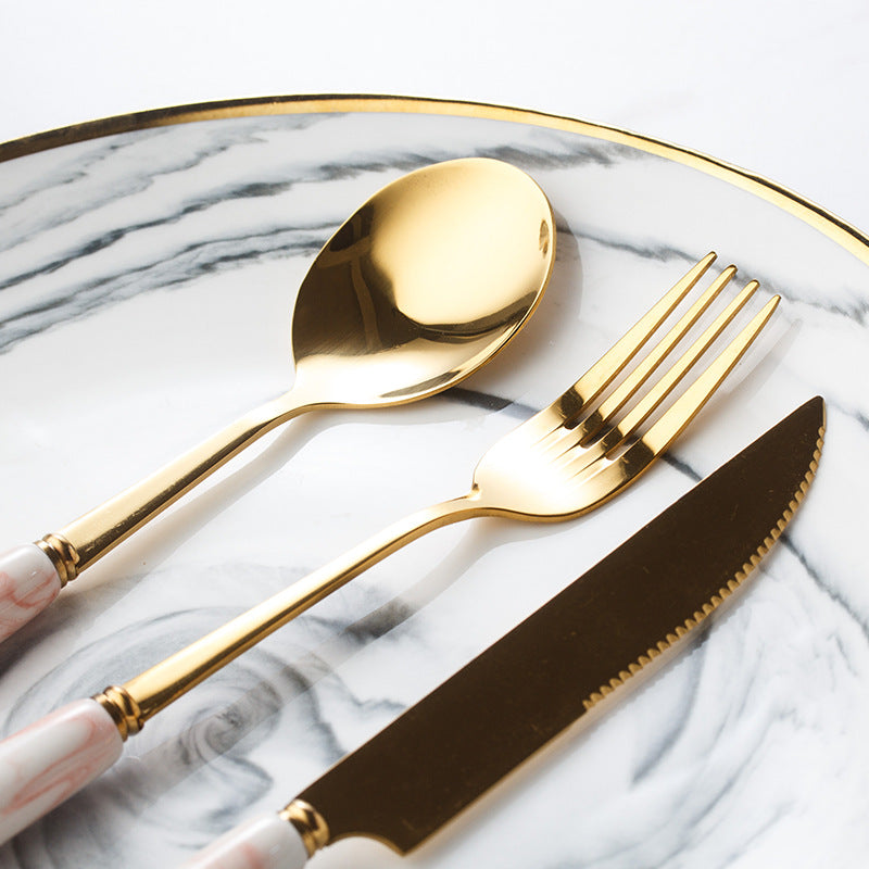 ceramic nordic marble gray dinnerware set - steak knife, stainless steel gold fork, spoon, chopsticks