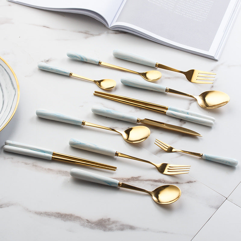 ceramic nordic marble gray dinnerware set - steak knife, stainless steel gold fork, spoon, chopsticks
