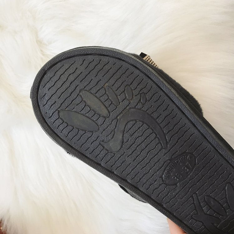 2024 new casual cute cartoon bear bow solid color open-toe flat soft comfortable fuzzy slippers - trendy
