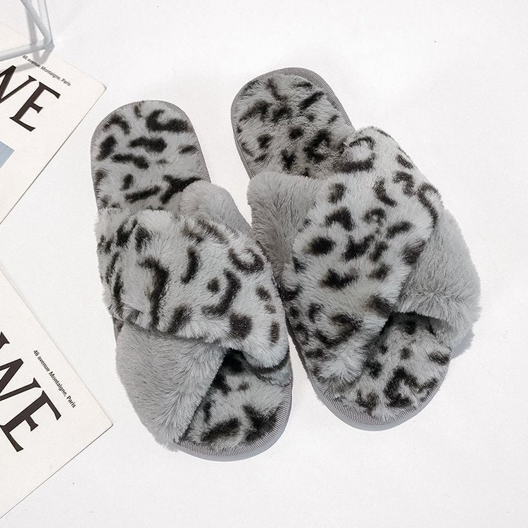 Women's fuzzy slippers - 2024 winter new korean style flat cross strap suede leopard print indoor/outdoor slippers