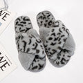 Women's fuzzy slippers - 2024 winter new korean style flat cross strap suede leopard print indoor/outdoor slippers