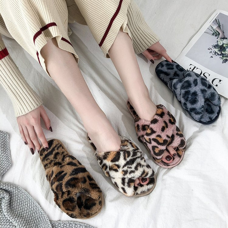 Women's winter fashion cotton slippers - korean style leopard print, perfect for office, home, indoor use, bedroom, and casual wear - fluffy one-strap slides