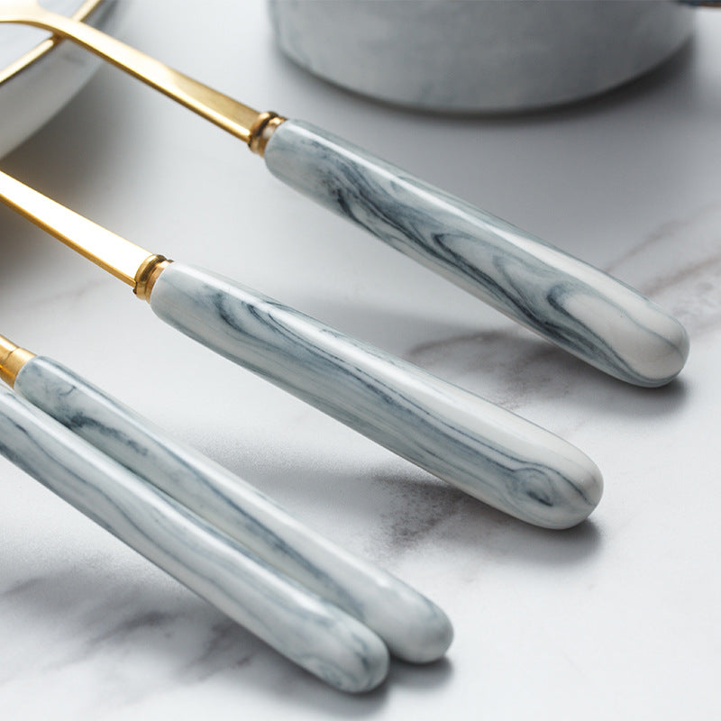 European-style marble pattern cutlery set - stainless steel minimalist titanium gold fork, spoon, chopsticks with portable utensil case - wholesale
