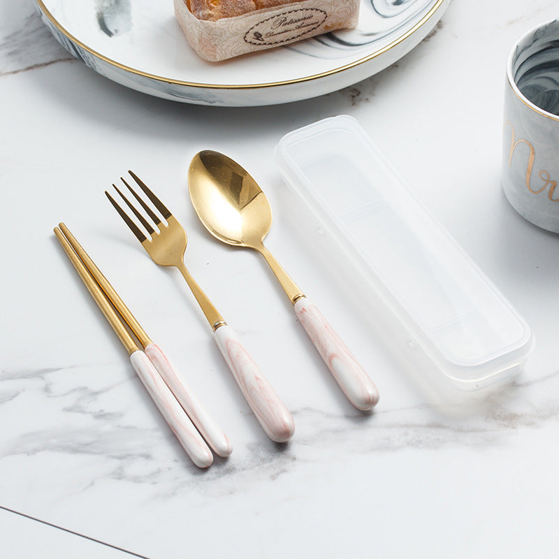 European-style marble pattern cutlery set - stainless steel minimalist titanium gold fork, spoon, chopsticks with portable utensil case - wholesale