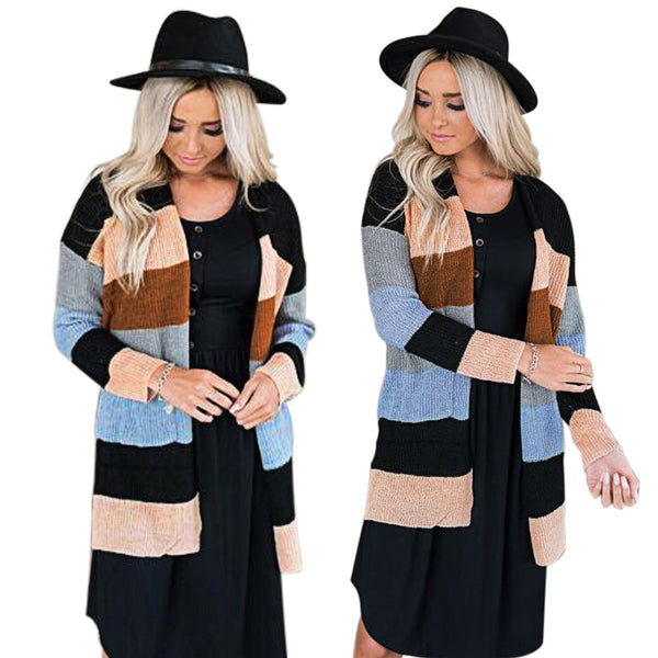 MY035 fashion striped sweater bag multi-color cardigan color matching coat top