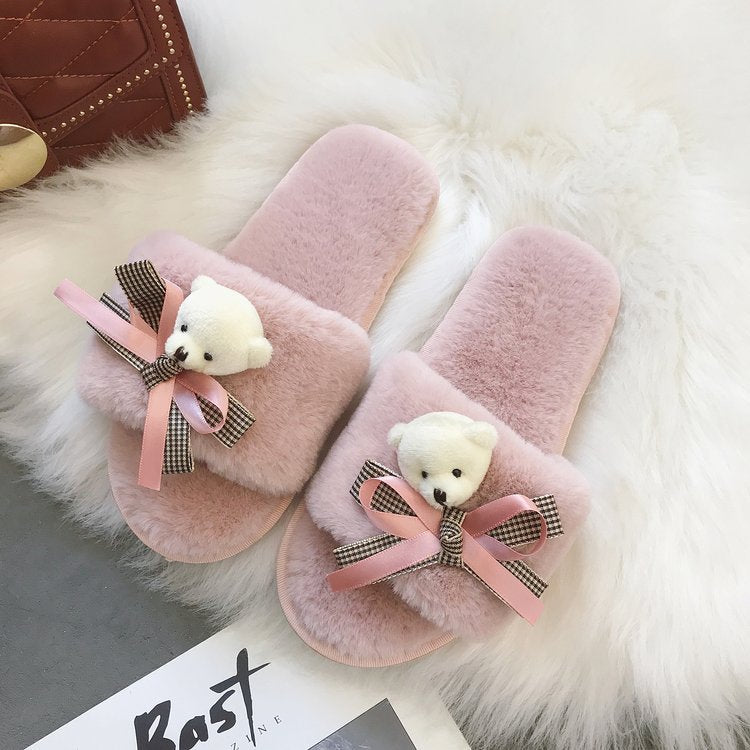 2024 new casual cute cartoon bear bow solid color open-toe flat soft comfortable fuzzy slippers - trendy