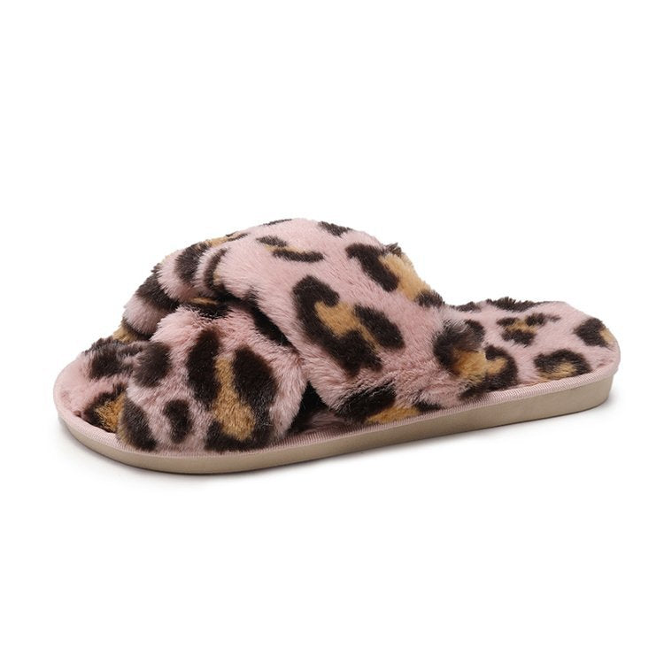 Women's winter fashion cotton slippers - korean style leopard print, perfect for office, home, indoor use, bedroom, and casual wear - fluffy one-strap slides